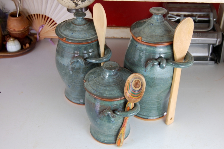 Hand Thrown Pottery Kitchen Canister Set in Slate Blue Wheel Thrown
