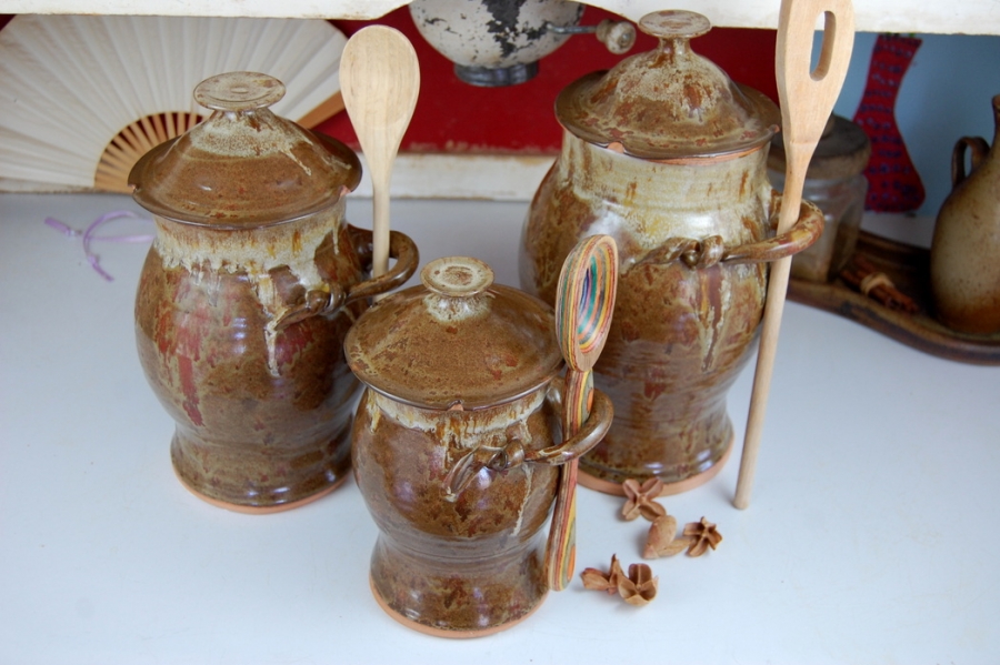 Handmade Pottery Kitchen Canister Set Of Three In Rustic Brown