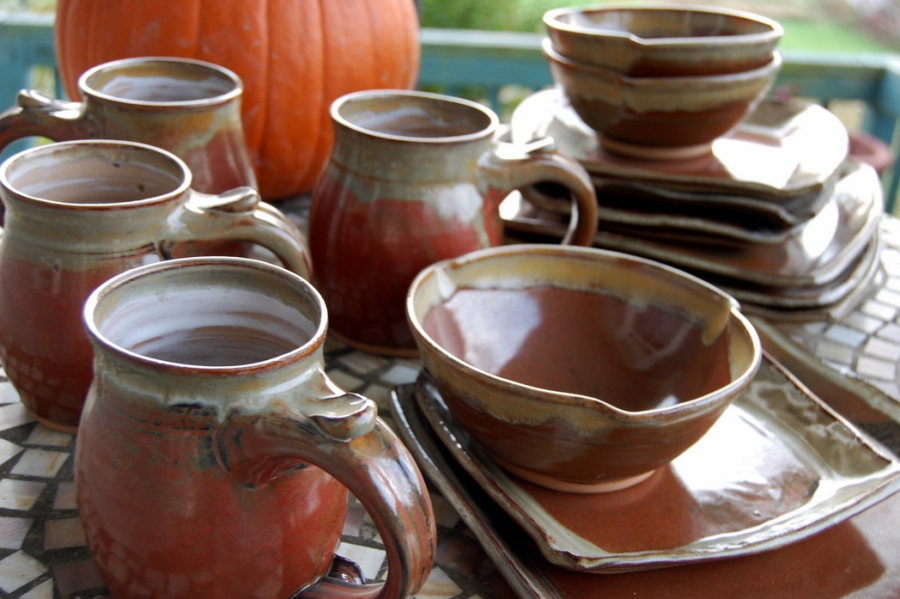 Handmade Pottery Dinnerware Set in Rustic Red Square Plate Stoneware