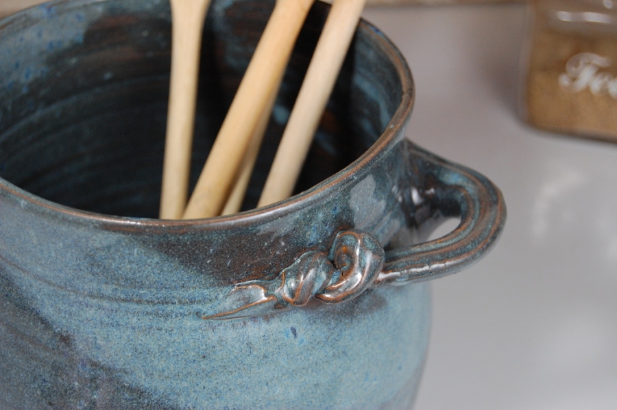 Pottery Utensil Holder Blue Kitchen Utensil Holder Hand Thrown Stoneware Pottery Utensil Holder