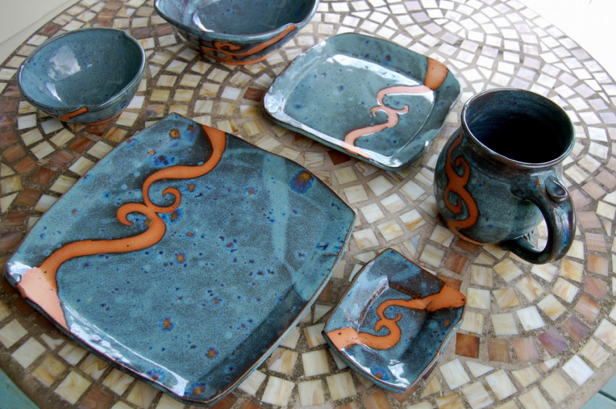 Handmade Pottery Dinnerware Set Slate Blue and Rust Pottery Dishes ...