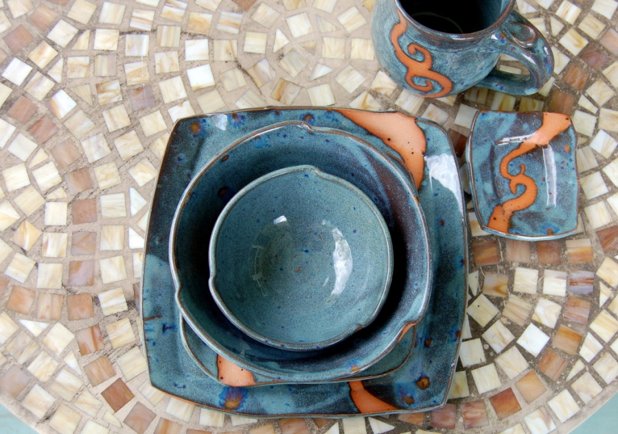 Handmade Pottery Dinnerware Set Slate Blue and Rust Pottery Dishes ...
