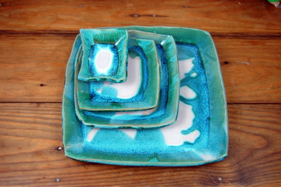 Handmade Pottery Dinnerware Set Square Plate Set in Turquoise Pottery