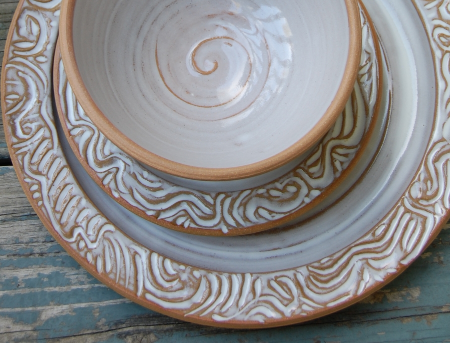 Pottery Dinnerware Set Place Setting Hand Carved Wheel Thrown Pottery  Dinnerware Set