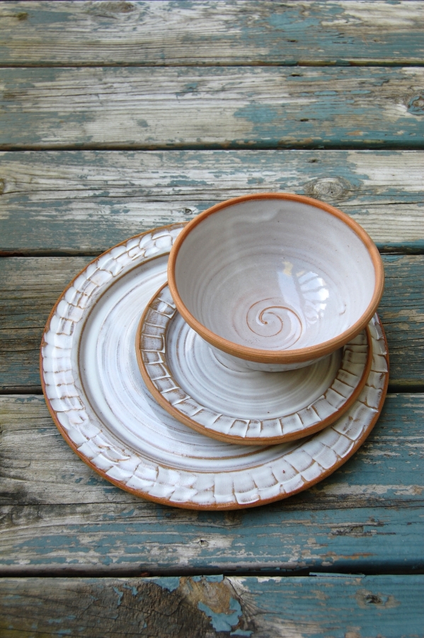 Pottery Dinnerware Set Hand Carved Place Setting Hand Thrown Pottery