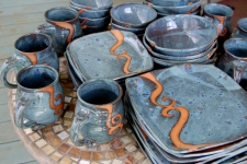 Slate Blue with Rust Waves Dinnerware Set for Eight - Handmade to Order - Pick up Only