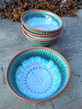 Set of Four Soup Bowls, Peaked in Turquoise Falls- Handmade to Order